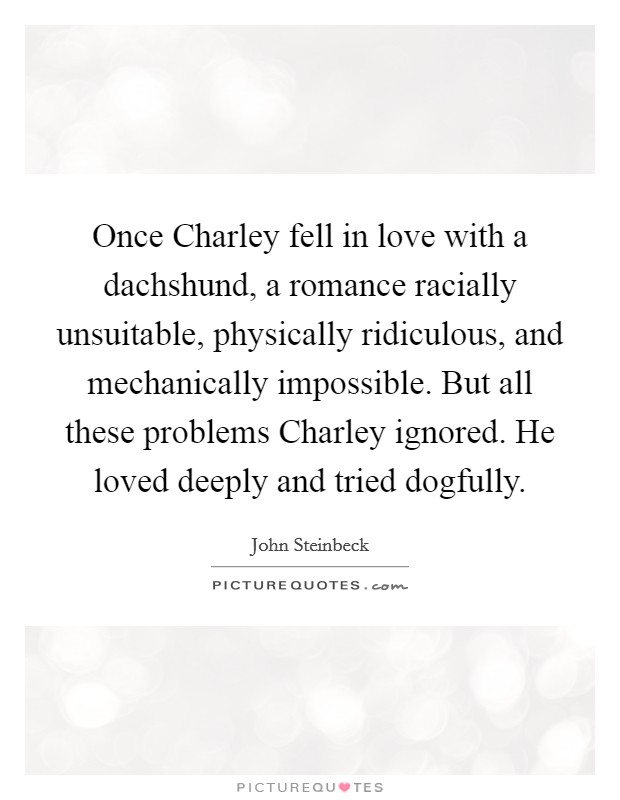 Once Charley fell in love with a dachshund, a romance racially unsuitable, physically ridiculous, and mechanically impossible. But all these problems Charley ignored. He loved deeply and tried dogfully Picture Quote #1
