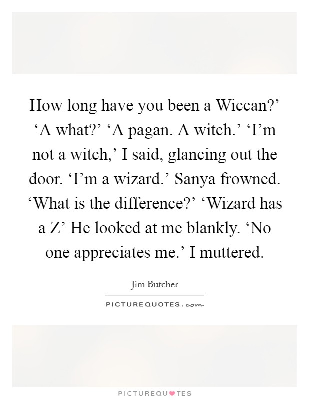 How long have you been a Wiccan?' ‘A what?' ‘A pagan. A witch.' ‘I'm not a witch,' I said, glancing out the door. ‘I'm a wizard.' Sanya frowned. ‘What is the difference?' ‘Wizard has a Z' He looked at me blankly. ‘No one appreciates me.' I muttered Picture Quote #1