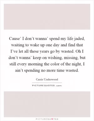 Cause’ I don’t wanna’ spend my life jaded, waiting to wake up one day and find that I’ve let all these years go by wasted. Oh I don’t wanna’ keep on wishing, missing, but still every morning the color of the night, I ain’t spending no more time wasted Picture Quote #1