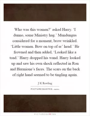 Who was this women?’ asked Harry. ‘I dunno, some Ministry hag.’ Mundungus considered for a moment, brow wrinkled. ‘Little women. Bow on top of er’ head.’ He frowned and then added, ‘Looked like a toad.’ Harry dropped his wand. Harry looked up and saw his own shock reflected in Ron and Hermione’s faces. The scars on the back of right hand seemed to be tingling again Picture Quote #1