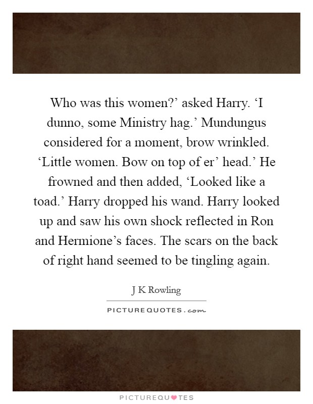Who was this women?' asked Harry. ‘I dunno, some Ministry hag.' Mundungus considered for a moment, brow wrinkled. ‘Little women. Bow on top of er' head.' He frowned and then added, ‘Looked like a toad.' Harry dropped his wand. Harry looked up and saw his own shock reflected in Ron and Hermione's faces. The scars on the back of right hand seemed to be tingling again Picture Quote #1