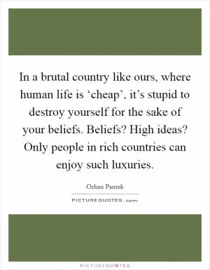 In a brutal country like ours, where human life is ‘cheap’, it’s stupid to destroy yourself for the sake of your beliefs. Beliefs? High ideas? Only people in rich countries can enjoy such luxuries Picture Quote #1