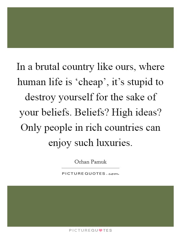 In a brutal country like ours, where human life is ‘cheap', it's stupid to destroy yourself for the sake of your beliefs. Beliefs? High ideas? Only people in rich countries can enjoy such luxuries Picture Quote #1
