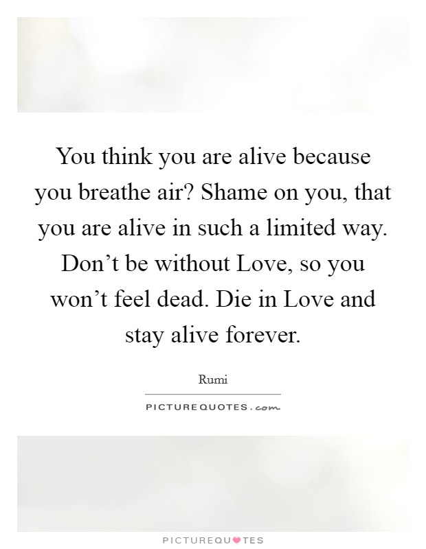 You think you are alive because you breathe air? Shame on you, that you are alive in such a limited way. Don't be without Love, so you won't feel dead. Die in Love and stay alive forever Picture Quote #1