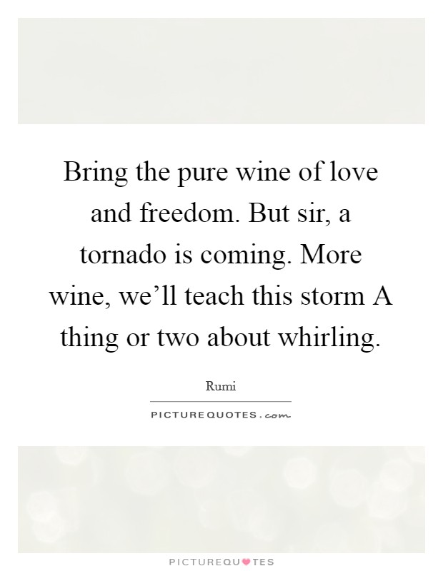 Bring the pure wine of love and freedom. But sir, a tornado is coming. More wine, we'll teach this storm A thing or two about whirling Picture Quote #1