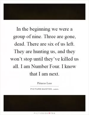 In the beginning we were a group of nine. Three are gone, dead. There are six of us left. They are hunting us, and they won’t stop until they’ve killed us all. I am Number Four. I know that I am next Picture Quote #1