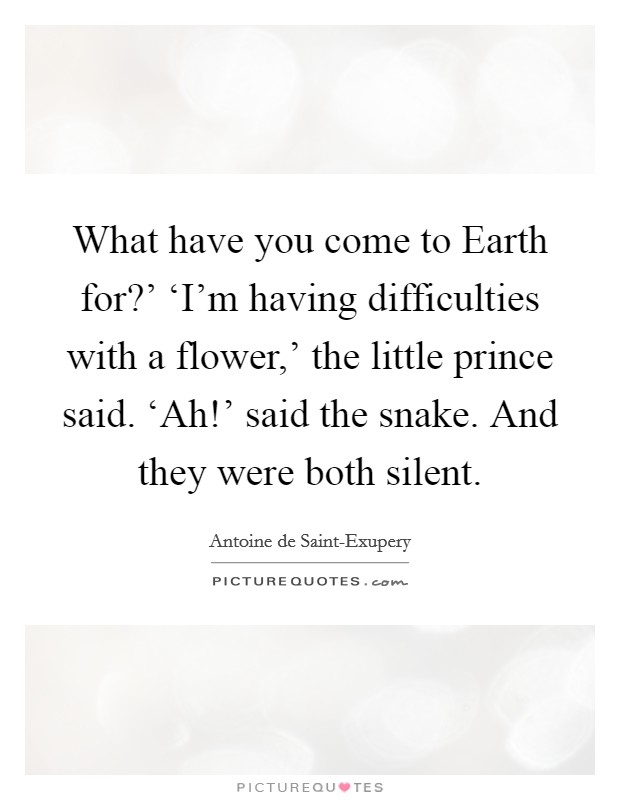 What have you come to Earth for?' ‘I'm having difficulties with a flower,' the little prince said. ‘Ah!' said the snake. And they were both silent Picture Quote #1