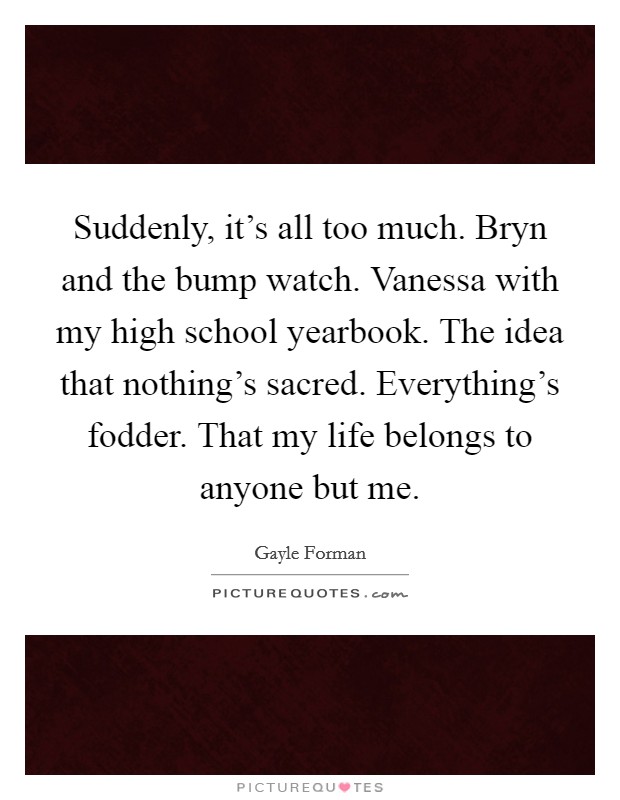 Suddenly, it's all too much. Bryn and the bump watch. Vanessa with my high school yearbook. The idea that nothing's sacred. Everything's fodder. That my life belongs to anyone but me Picture Quote #1