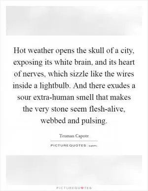 Hot weather opens the skull of a city, exposing its white brain, and its heart of nerves, which sizzle like the wires inside a lightbulb. And there exudes a sour extra-human smell that makes the very stone seem flesh-alive, webbed and pulsing Picture Quote #1