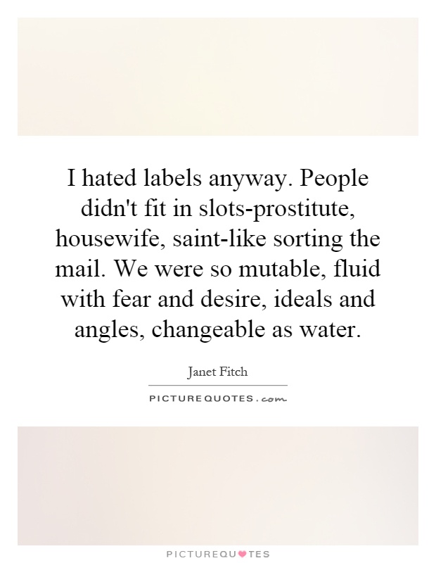 I hated labels anyway. People didn't fit in slots-prostitute, housewife, saint-like sorting the mail. We were so mutable, fluid with fear and desire, ideals and angles, changeable as water Picture Quote #1