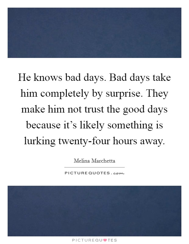 He knows bad days. Bad days take him completely by surprise. They make him not trust the good days because it's likely something is lurking twenty-four hours away Picture Quote #1