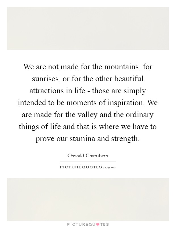 We are not made for the mountains, for sunrises, or for the other beautiful attractions in life - those are simply intended to be moments of inspiration. We are made for the valley and the ordinary things of life and that is where we have to prove our stamina and strength Picture Quote #1