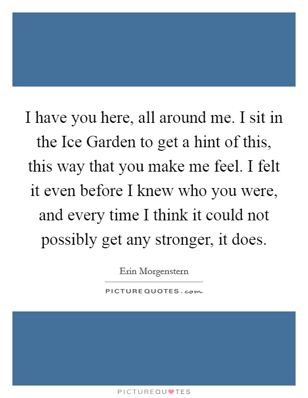 I have you here, all around me. I sit in the Ice Garden to get a hint of this, this way that you make me feel. I felt it even before I knew who you were, and every time I think it could not possibly get any stronger, it does Picture Quote #1