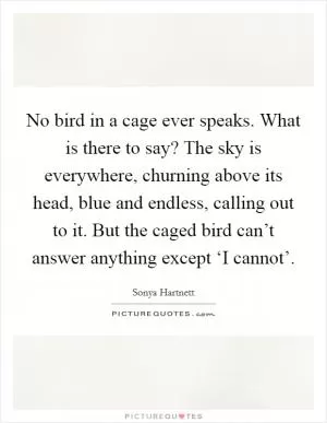 No bird in a cage ever speaks. What is there to say? The sky is everywhere, churning above its head, blue and endless, calling out to it. But the caged bird can’t answer anything except ‘I cannot’ Picture Quote #1