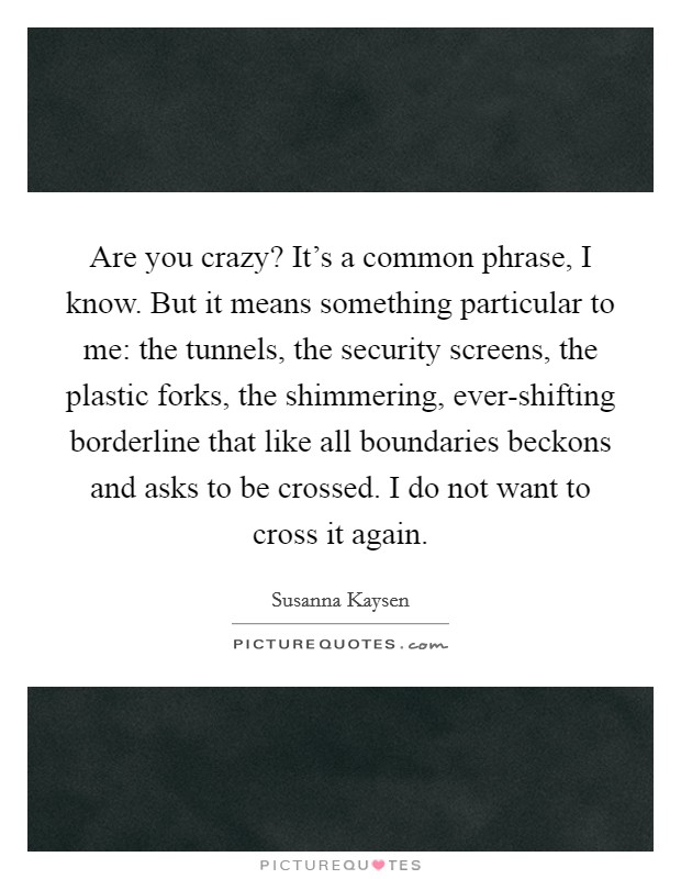 Are you crazy? It's a common phrase, I know. But it means something particular to me: the tunnels, the security screens, the plastic forks, the shimmering, ever-shifting borderline that like all boundaries beckons and asks to be crossed. I do not want to cross it again Picture Quote #1