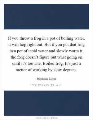If you throw a frog in a pot of boiling water, it will hop right out. But if you put that frog in a pot of tepid water and slowly warm it, the frog doesn’t figure out what going on until it’s too late. Boiled frog. It’s just a metter of working by slow degrees Picture Quote #1