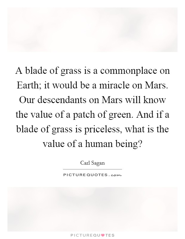 A blade of grass is a commonplace on Earth; it would be a miracle on Mars. Our descendants on Mars will know the value of a patch of green. And if a blade of grass is priceless, what is the value of a human being? Picture Quote #1