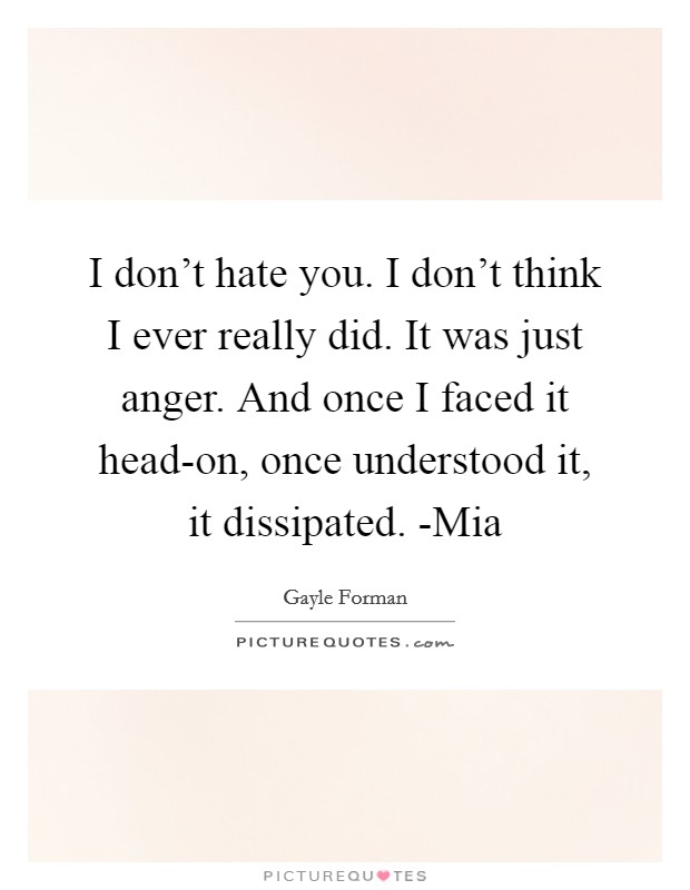I don't hate you. I don't think I ever really did. It was just anger. And once I faced it head-on, once understood it, it dissipated. -Mia Picture Quote #1