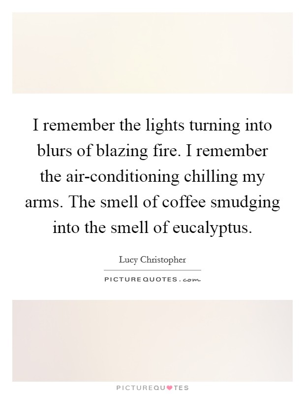 I remember the lights turning into blurs of blazing fire. I remember the air-conditioning chilling my arms. The smell of coffee smudging into the smell of eucalyptus Picture Quote #1