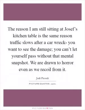 The reason I am still sitting at Josef’s kitchen table is the same reason traffic slows after a car wreck- you want to see the damage; you can’t let yourself pass without that mental snapshot. We are drawn to horror even as we recoil from it Picture Quote #1