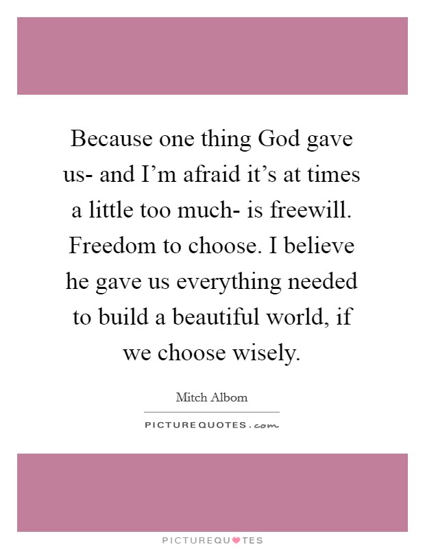 Because one thing God gave us- and I'm afraid it's at times a little too much- is freewill. Freedom to choose. I believe he gave us everything needed to build a beautiful world, if we choose wisely Picture Quote #1