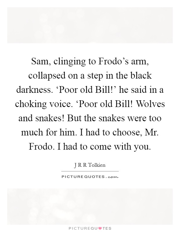 Sam, clinging to Frodo's arm, collapsed on a step in the black darkness. ‘Poor old Bill!' he said in a choking voice. ‘Poor old Bill! Wolves and snakes! But the snakes were too much for him. I had to choose, Mr. Frodo. I had to come with you Picture Quote #1