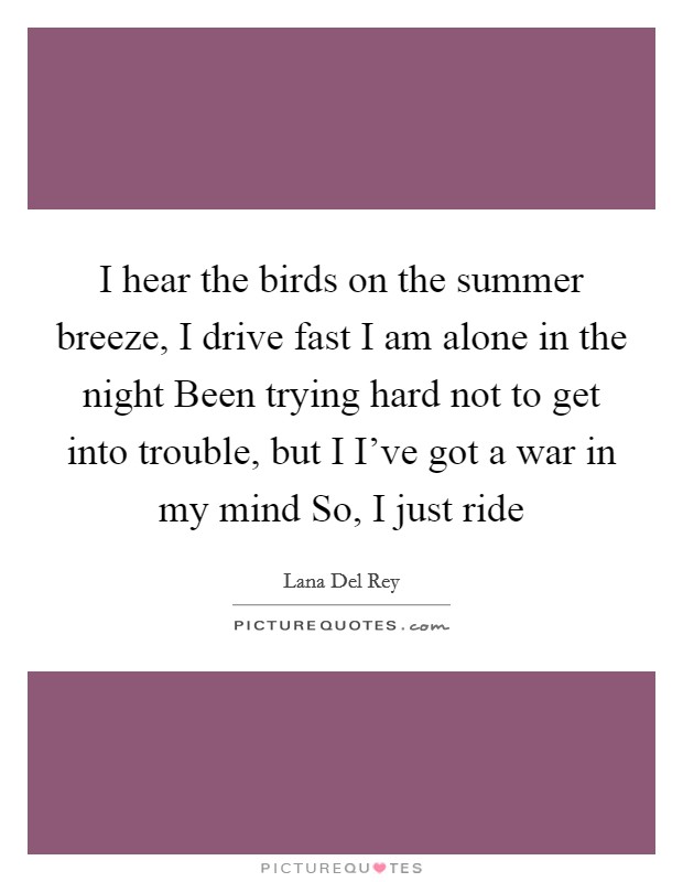 I hear the birds on the summer breeze, I drive fast I am alone in the night Been trying hard not to get into trouble, but I I've got a war in my mind So, I just ride Picture Quote #1