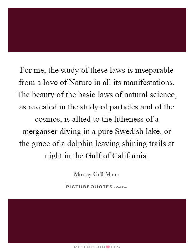 For me, the study of these laws is inseparable from a love of Nature in all its manifestations. The beauty of the basic laws of natural science, as revealed in the study of particles and of the cosmos, is allied to the litheness of a merganser diving in a pure Swedish lake, or the grace of a dolphin leaving shining trails at night in the Gulf of California Picture Quote #1