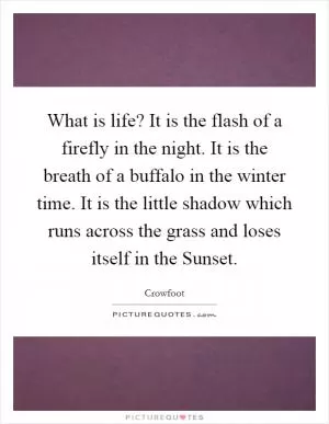 What is life? It is the flash of a firefly in the night. It is the breath of a buffalo in the winter time. It is the little shadow which runs across the grass and loses itself in the Sunset Picture Quote #1