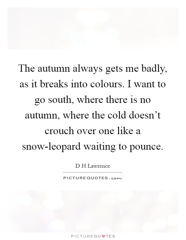 The autumn always gets me badly, as it breaks into colours. I want to go south, where there is no autumn, where the cold doesn't crouch over one like a snow-leopard waiting to pounce Picture Quote #1