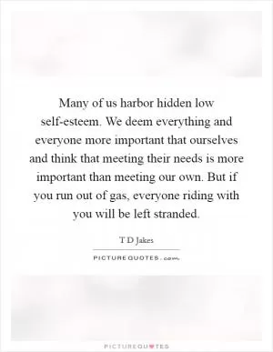 Many of us harbor hidden low self-esteem. We deem everything and everyone more important that ourselves and think that meeting their needs is more important than meeting our own. But if you run out of gas, everyone riding with you will be left stranded Picture Quote #1
