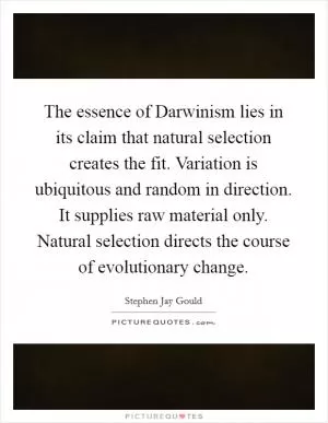 The essence of Darwinism lies in its claim that natural selection creates the fit. Variation is ubiquitous and random in direction. It supplies raw material only. Natural selection directs the course of evolutionary change Picture Quote #1