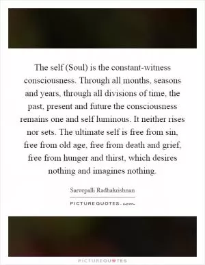 The self (Soul) is the constant-witness consciousness. Through all months, seasons and years, through all divisions of time, the past, present and future the consciousness remains one and self luminous. It neither rises nor sets. The ultimate self is free from sin, free from old age, free from death and grief, free from hunger and thirst, which desires nothing and imagines nothing Picture Quote #1