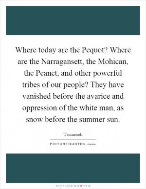 Where today are the Pequot? Where are the Narragansett, the Mohican, the Pcanet, and other powerful tribes of our people? They have vanished before the avarice and oppression of the white man, as snow before the summer sun Picture Quote #1