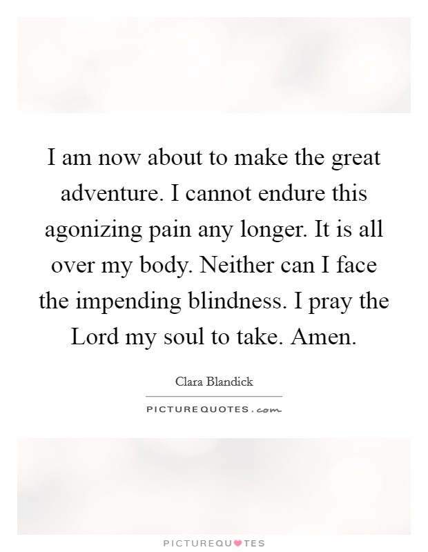 I am now about to make the great adventure. I cannot endure this agonizing pain any longer. It is all over my body. Neither can I face the impending blindness. I pray the Lord my soul to take. Amen Picture Quote #1