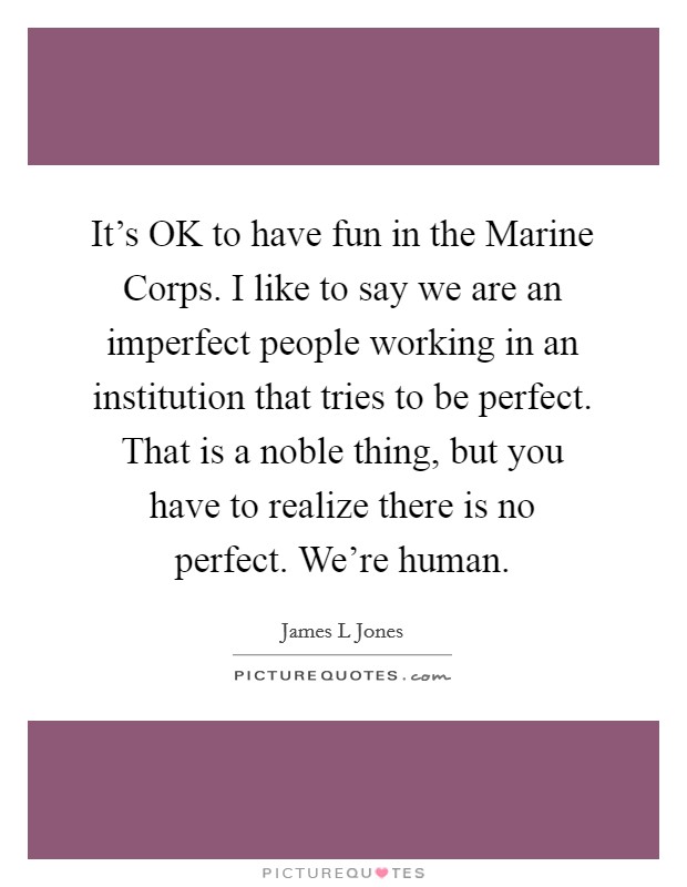 It's OK to have fun in the Marine Corps. I like to say we are an imperfect people working in an institution that tries to be perfect. That is a noble thing, but you have to realize there is no perfect. We're human Picture Quote #1