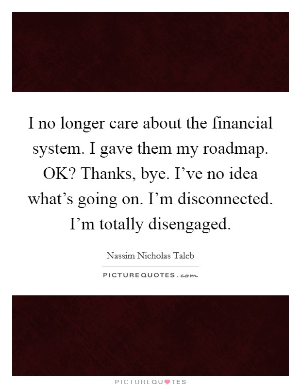 I no longer care about the financial system. I gave them my roadmap. OK? Thanks, bye. I've no idea what's going on. I'm disconnected. I'm totally disengaged Picture Quote #1