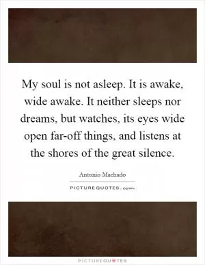 My soul is not asleep. It is awake, wide awake. It neither sleeps nor dreams, but watches, its eyes wide open far-off things, and listens at the shores of the great silence Picture Quote #1