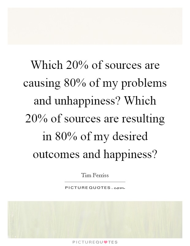 Which 20% of sources are causing 80% of my problems and unhappiness? Which 20% of sources are resulting in 80% of my desired outcomes and happiness? Picture Quote #1