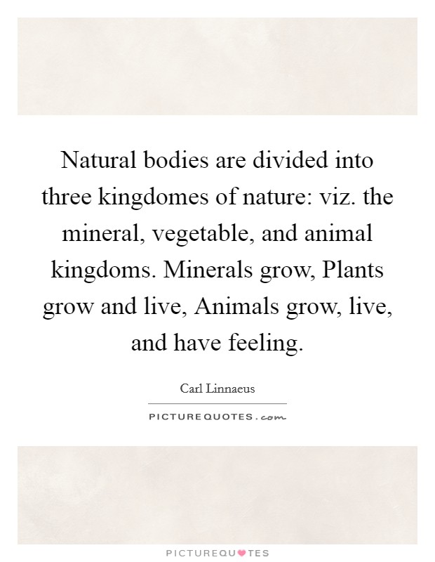 Natural bodies are divided into three kingdomes of nature: viz. the mineral, vegetable, and animal kingdoms. Minerals grow, Plants grow and live, Animals grow, live, and have feeling Picture Quote #1