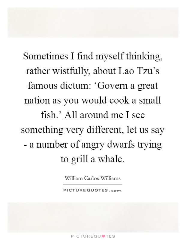 Sometimes I find myself thinking, rather wistfully, about Lao Tzu's famous dictum: ‘Govern a great nation as you would cook a small fish.' All around me I see something very different, let us say - a number of angry dwarfs trying to grill a whale Picture Quote #1
