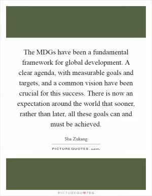The MDGs have been a fundamental framework for global development. A clear agenda, with measurable goals and targets, and a common vision have been crucial for this success. There is now an expectation around the world that sooner, rather than later, all these goals can and must be achieved Picture Quote #1