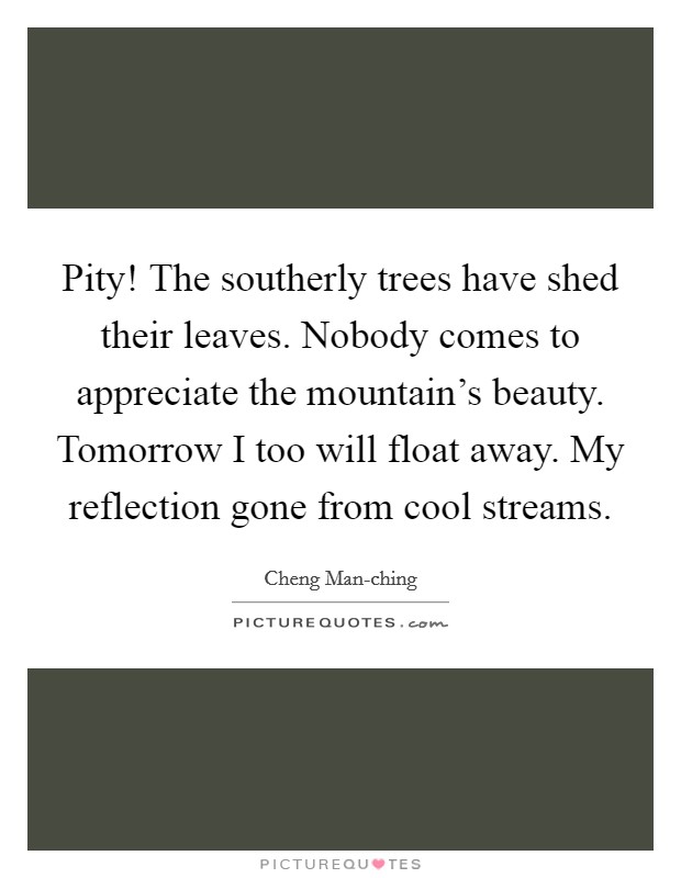 Pity! The southerly trees have shed their leaves. Nobody comes to appreciate the mountain's beauty. Tomorrow I too will float away. My reflection gone from cool streams Picture Quote #1