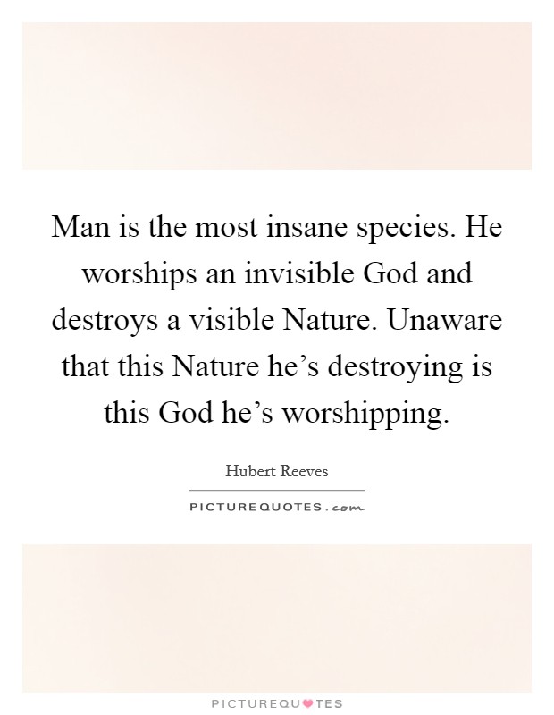 Man is the most insane species. He worships an invisible God and destroys a visible Nature. Unaware that this Nature he's destroying is this God he's worshipping Picture Quote #1