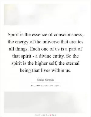 Spirit is the essence of consciousness, the energy of the universe that creates all things. Each one of us is a part of that spirit - a divine entity. So the spirit is the higher self, the eternal being that lives within us Picture Quote #1