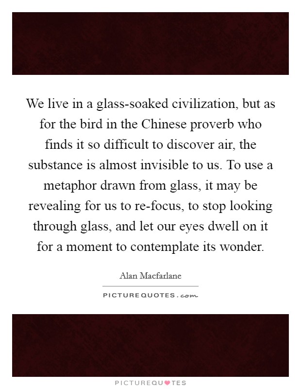 We live in a glass-soaked civilization, but as for the bird in the Chinese proverb who finds it so difficult to discover air, the substance is almost invisible to us. To use a metaphor drawn from glass, it may be revealing for us to re-focus, to stop looking through glass, and let our eyes dwell on it for a moment to contemplate its wonder Picture Quote #1