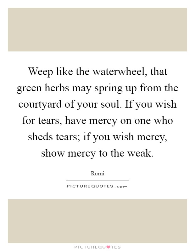 Weep like the waterwheel, that green herbs may spring up from the courtyard of your soul. If you wish for tears, have mercy on one who sheds tears; if you wish mercy, show mercy to the weak Picture Quote #1