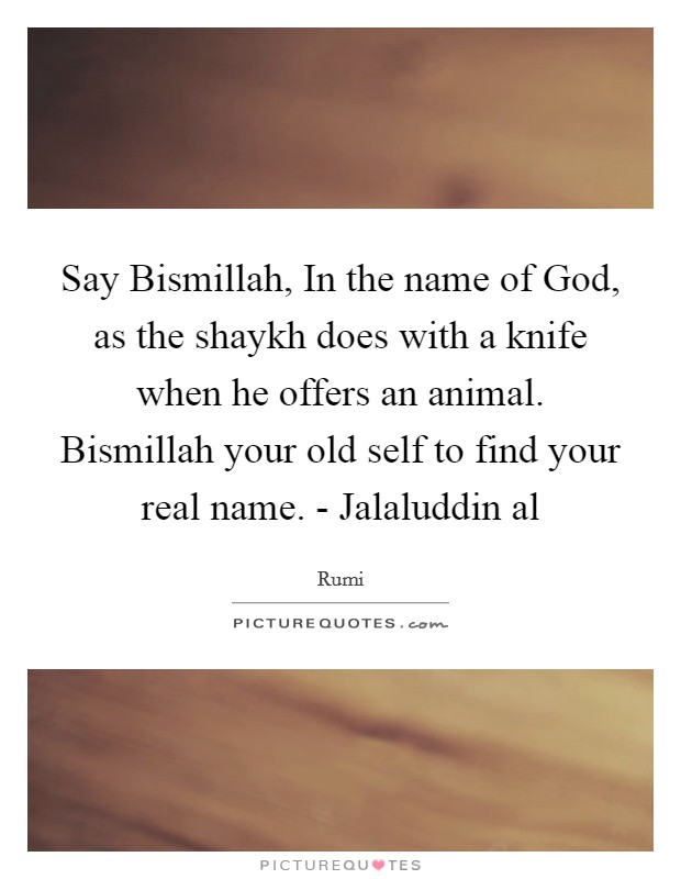 Say Bismillah, In the name of God, as the shaykh does with a knife when he offers an animal. Bismillah your old self to find your real name. - Jalaluddin al Picture Quote #1