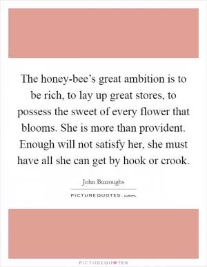 The honey-bee’s great ambition is to be rich, to lay up great stores, to possess the sweet of every flower that blooms. She is more than provident. Enough will not satisfy her, she must have all she can get by hook or crook Picture Quote #1