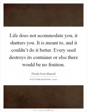 Life does not acommodate you, it shatters you. It is meant to, and it couldn’t do it better. Every seed destroys its container or else there would be no fruition Picture Quote #1